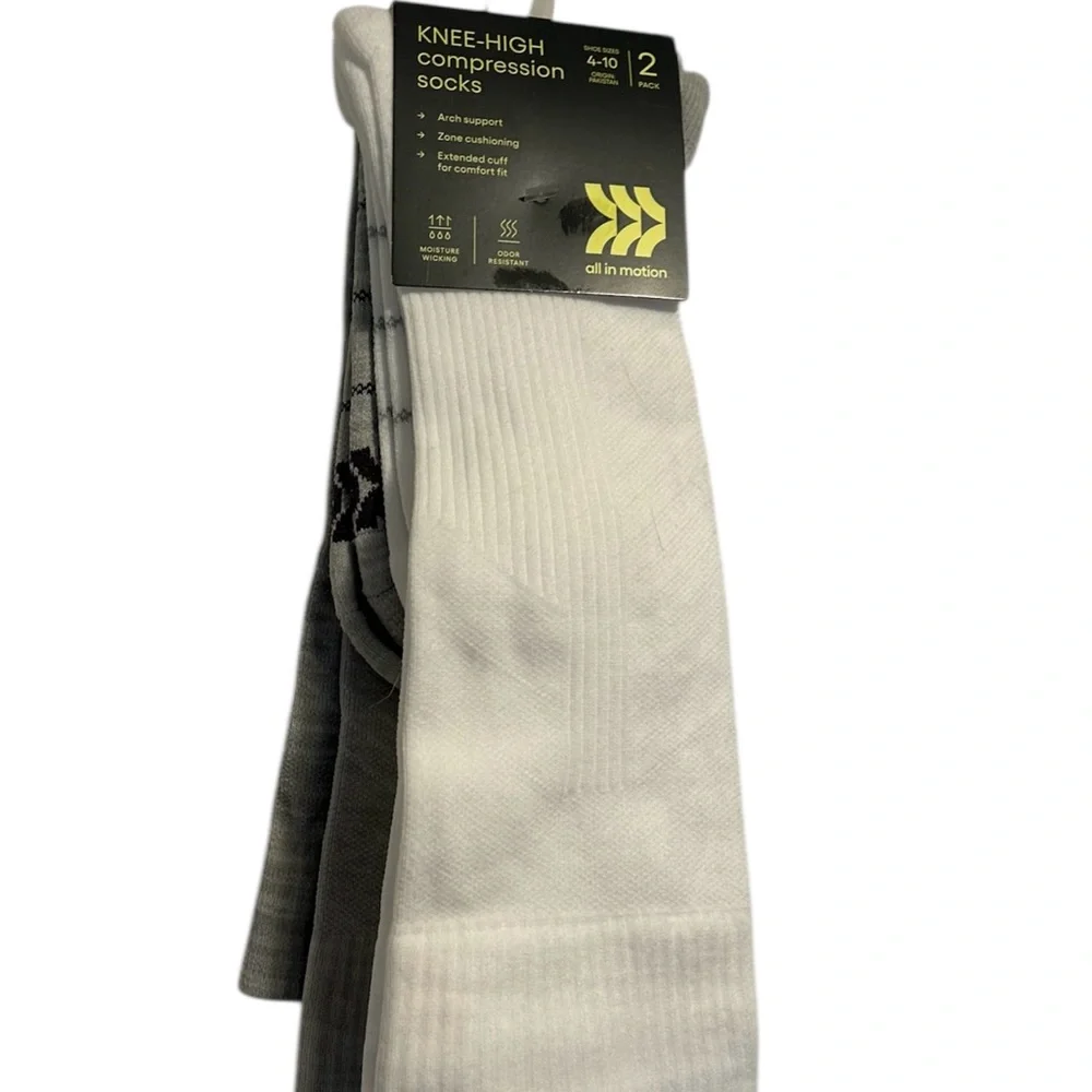 All in Motion Knee High Compression Socks 2 Pair Grey & White